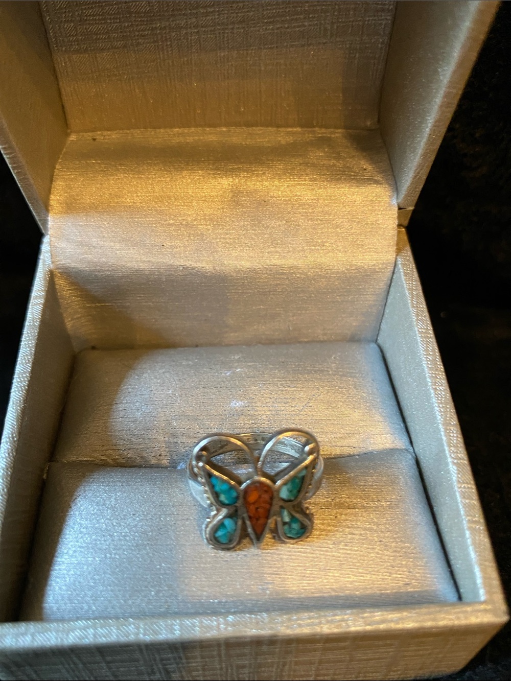 Southwest Turquoise & Coral Mosaic Chip Inlay Silver Butterfly Ring - 1970s-80s